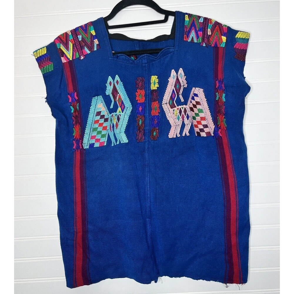 Handwoven Guatemalan Huipil, Royal Blue Blouse Alpaca, ￼ Motifs, Vintage Chajul